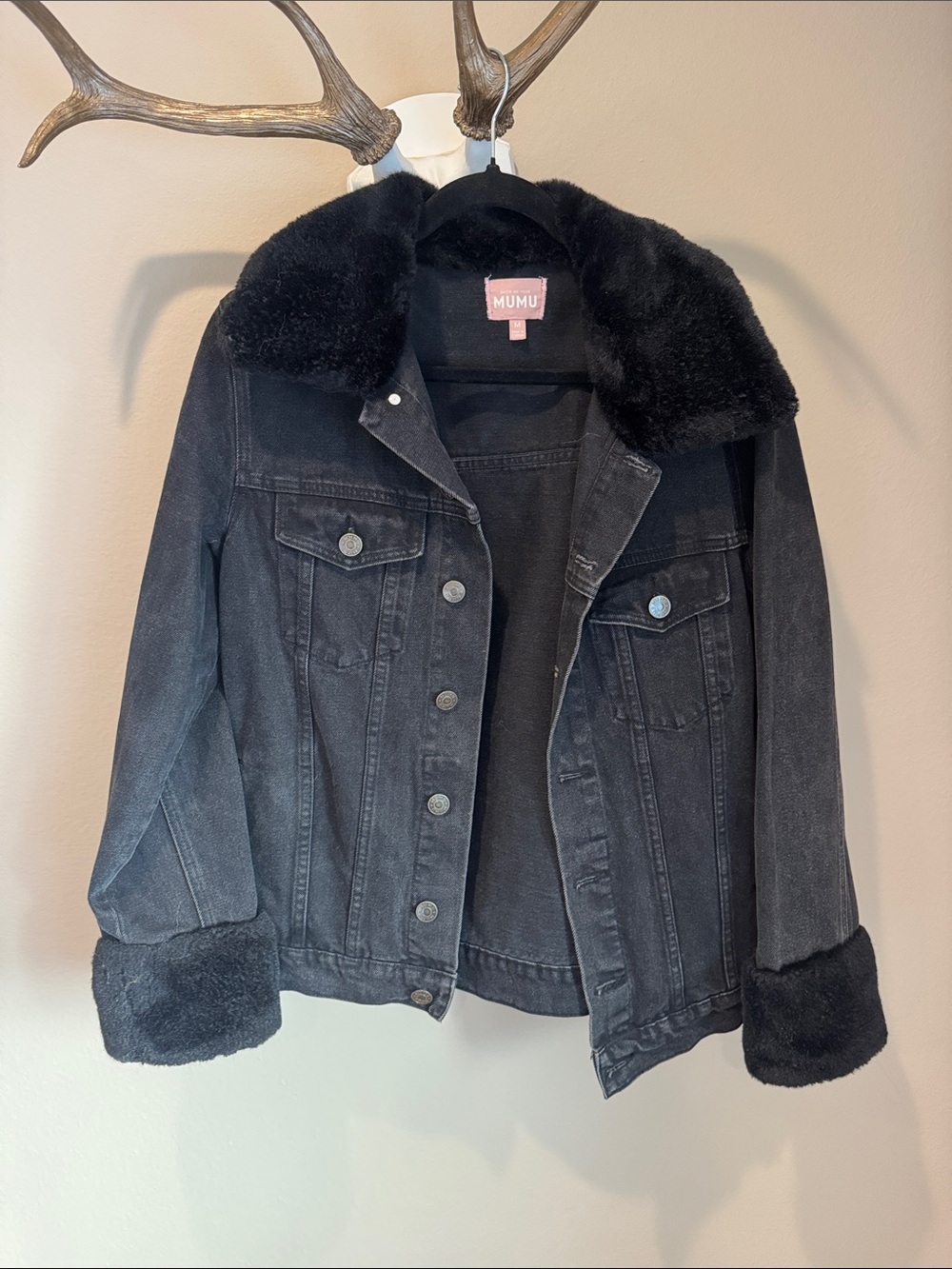 Show Me Your MuMu Black Faux Fur Trim Denim Jacket